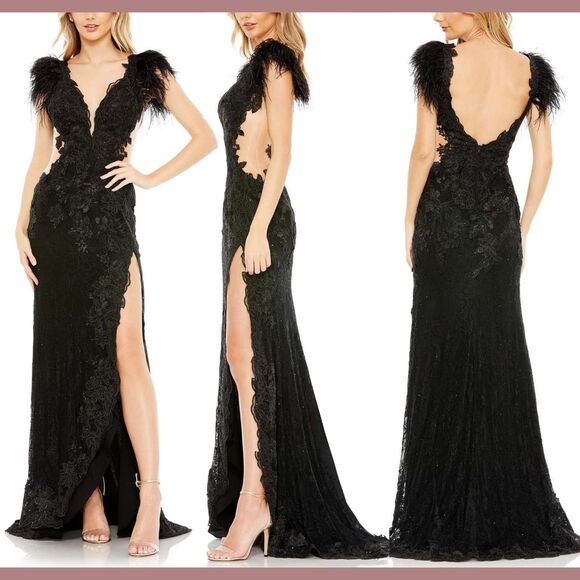NWT $698 Mac Duggal [ 4 ] Feather Cap Sleeve Lace Gown with High Slit Black #J11 - Picture 1 of 16